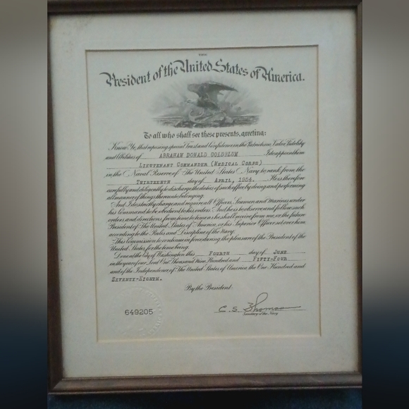 Framed United States Naval Appointment Certificate from 1954 Signed - Picture 2 of 4